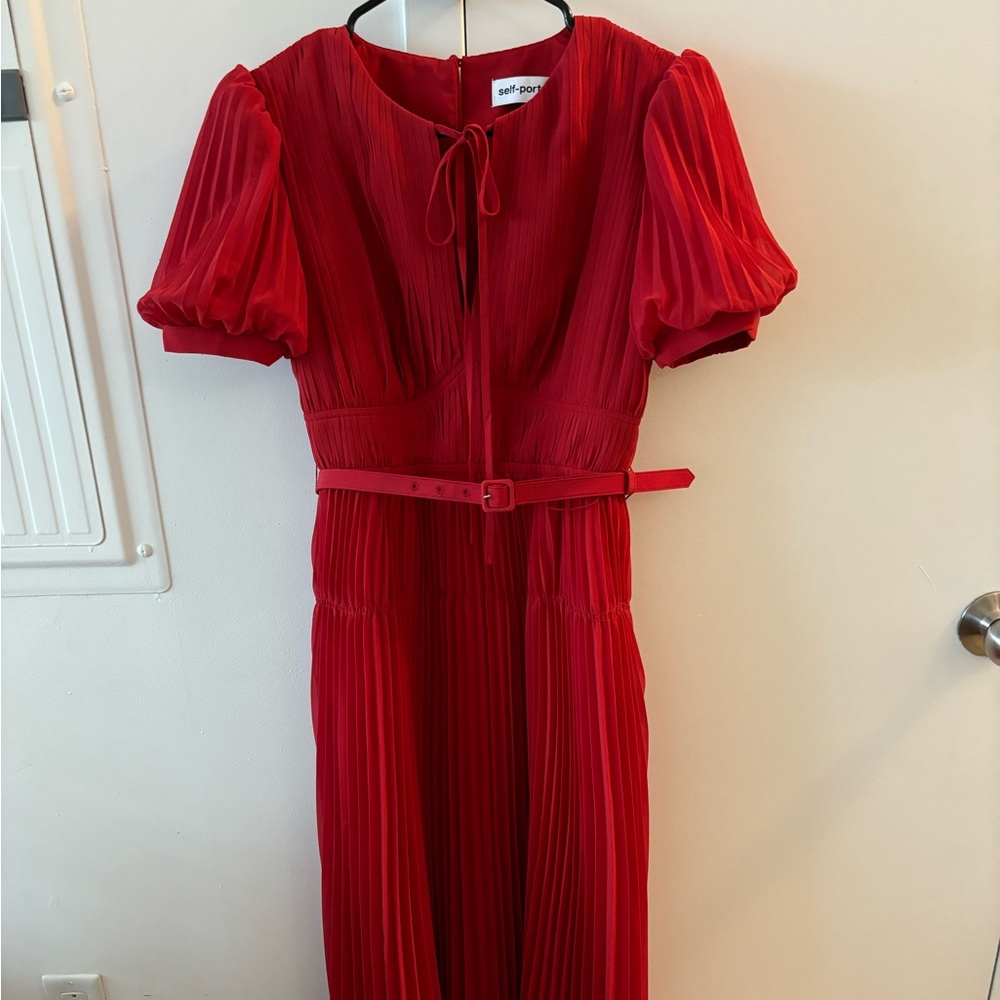 Self Portrait Red Pleated Midi Dress with Tie Neck and Belt
